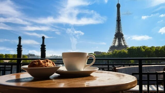 Enjoy coffee while relaxing at winter in the Eiffel, seamless looping animation video background 