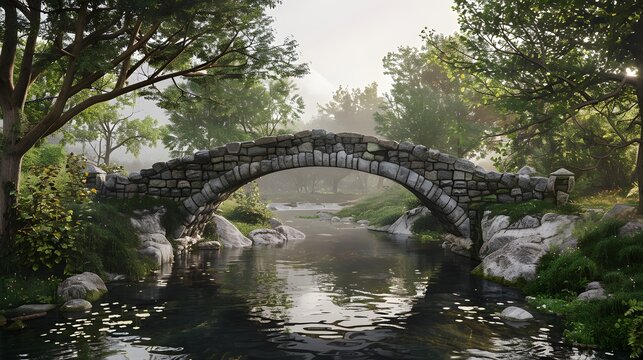 Tranquil river flows beneath majestic stone bridge AI Image