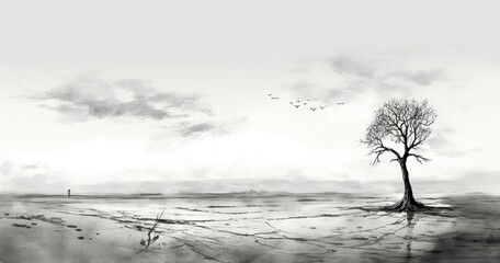 Capture the passage of time and the loneliness of the skies with a grayscale ink sketch. Depict a desolate landscape with rough and hasty strokes