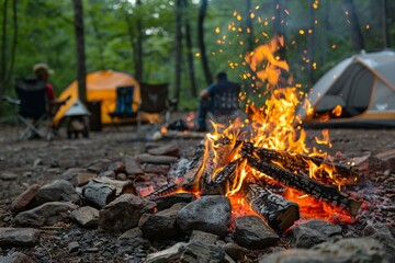 Beautiful campfire with burning wood near people sitting on chairs and camping tent in the forest