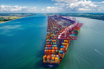 Aerial view of colorful containers on cargo ships at port of Southampton - obrazy, fototapety, plakaty