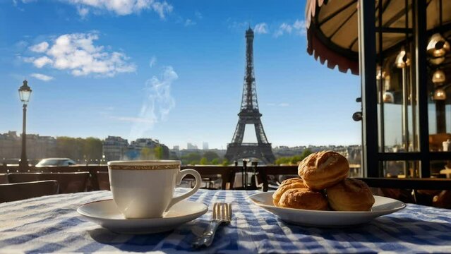 Enjoy coffee while relaxing iat winter in the Eiffel, seamless looping animation video background 