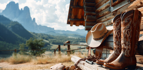 Western Style Cowboy Boots and Hat on a Log Cabin Porch - obrazy, fototapety, plakaty