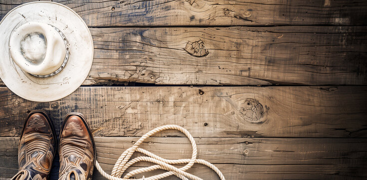 Top View of Cowboy Hat and Boots on a Background of Wooden Planks