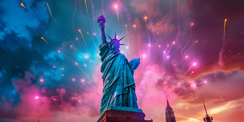New York Manhattan panorama with Liberty Statue and America USA flag, vanilla sky lots of fireworks at sunset. 4 July Independence Day celebration - obrazy, fototapety, plakaty