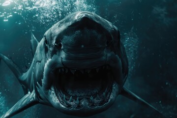 Ocean shark with open toothy dangerous mouth with many teeth. Underwater blue sea clear water. AI...