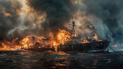 Burning naval vessel in the port