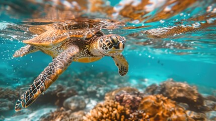 Fototapeta premium Turtle swimming in the beautiful underwater sea world. AI Generated 
