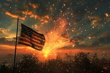 Papier Peint photo Lavable Etats Unis American Celebration - Usa Flag And Fireworks At Sunset