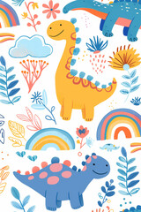 A cute kawaii design featuring dinosaurs, clouds, flowers, trees, rainbows and dinosaur patterns. in a minimalistic illustration style similar to Crayon doodle drawing Artwork