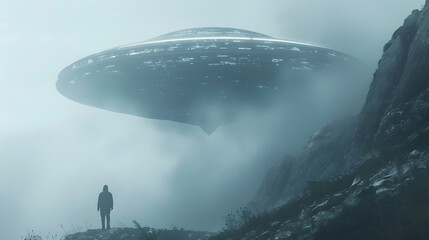 Solitary Figure Confronts Mysterious Floating Object Amid Ethereal Fog Shrouded Landscape