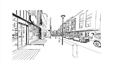 Print Building view with landmark of Reykjavík is the 
capital in Iceland. Hand drawn sketch illustration in vector.