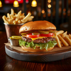 burger with tomatoes lettuce and pickles on a wooden plate and fries at the back.