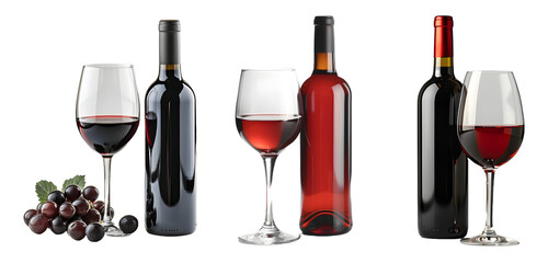 wine and wine glasses isolated on a transparent PNG background, white background , Generative Ai