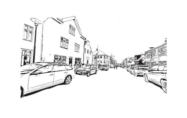 Print Building view with landmark of Reykjavík is the 
capital in Iceland. Hand drawn sketch illustration in vector.