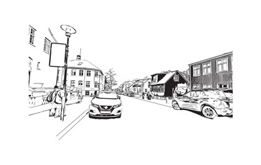 Print Building view with landmark of Reykjavík is the 
capital in Iceland. Hand drawn sketch illustration in vector.