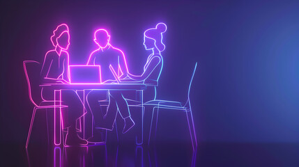 A group of people are sitting around a table with a laptop. The table is lit up with neon colors