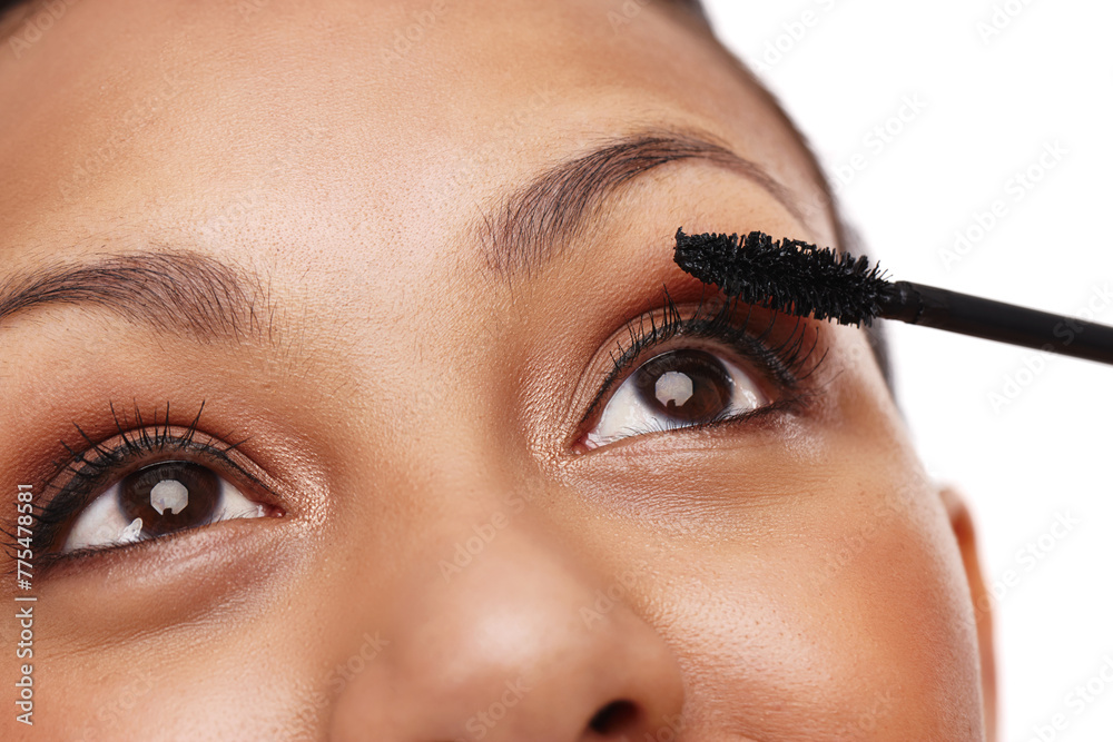 Sticker Closeup, eyes with mascara and woman for beauty, brush for makeup and eyelash on white background. Cosmetology, cosmetics product and wand for lashes, face zoom and volume with makeover in studio