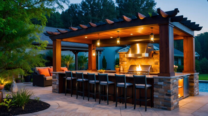 Custom outdoor kitchen and living area