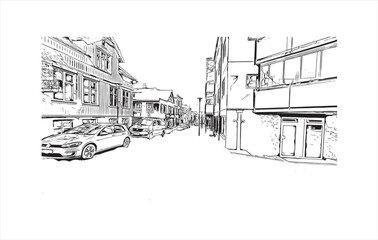 Print Building view with landmark of Reykjavík is the 
capital in Iceland. Hand drawn sketch illustration in vector.