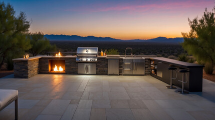 Custom outdoor kitchen and living area