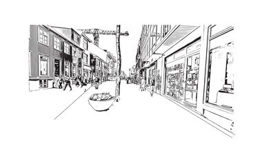 Print Building view with landmark of Reykjavík is the 
capital in Iceland. Hand drawn sketch illustration in vector.
