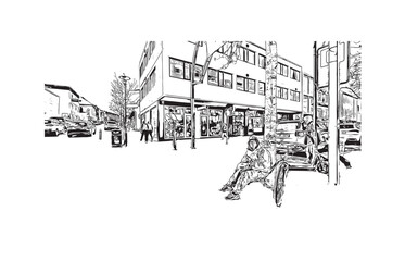 Print Building view with landmark of Reykjavík is the 
capital in Iceland. Hand drawn sketch illustration in vector.