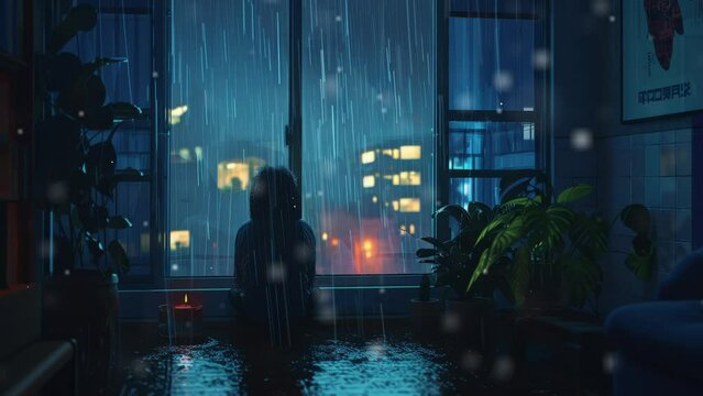 Lo-fi girl alone on her balcony at night looking at the storm and the rain outside. Video for lofi hip hop music. Atmospheric chill and relaxed. Perfectly looped video. Sad rainy night.