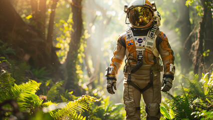 An astronaut exploring a lush, alien forest, merging sci-fi with outdoor adventure