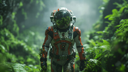 An astronaut exploring a lush, alien forest, merging sci-fi with outdoor adventure