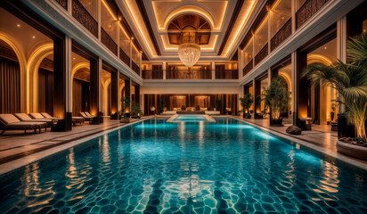 An indoor swimming pool with chandelier, lounge chairs, potted plants, and a large window.