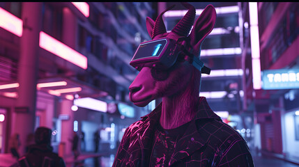 cyberpunk goat in futuristic costume, gaming wallpaper, funny eid ul adha concept,  - obrazy, fototapety, plakaty