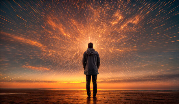 A man stands on a beach, looking out at a sunset.