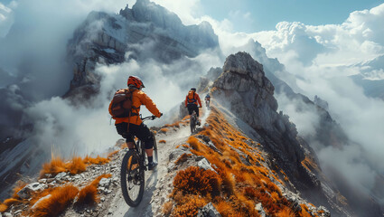 Mountain bikers racing on a trail suspended in the sky, thrilling and otherworldly - obrazy, fototapety, plakaty