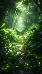 Mysterious jungle with glowing plants and wildlife, a path leading to an unknown light source