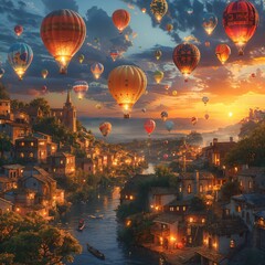 Adventure in a floating hot air balloon village, vibrant colors, surreal sunset