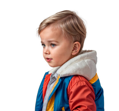 5 year old blonde boy in a blue jacket with red sleeves