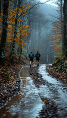 Obraz premium Trail runners navigating a path that forms and disappears in a mystical forest