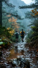 Trail runners navigating a path that forms and disappears in a mystical forest