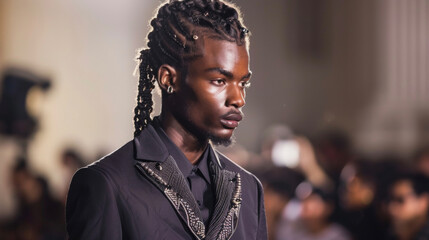 A dapper black man struts down the runway in a perfectly tailored suit incorporating elements of traditional African fashion into his ensemble. His sleek braided hairstyle and beaded . - obrazy, fototapety, plakaty