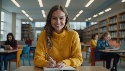 Beautiful Caucasian Female Student Working on Her School Thesis on a Laptop Computer in a Modern Library, Young Smart Woman Looking at Camera, Smiling, Girl Wearing a Vivid Yellow Sweater
