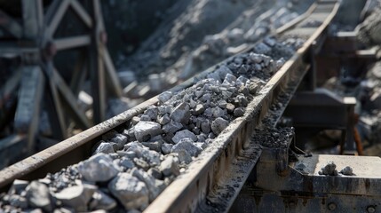 Extracted rock materials on conveyor belt