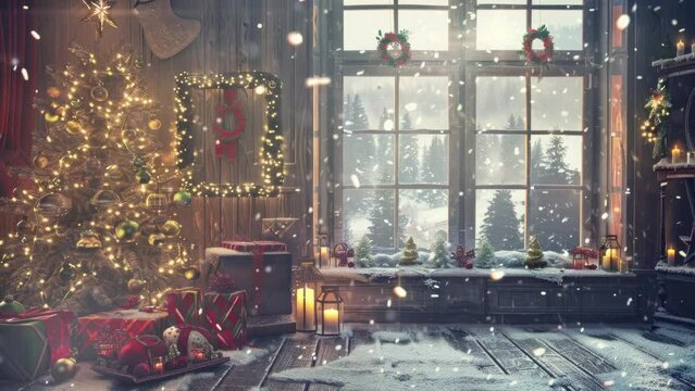 Room full of Christmas decorations and holiday lights next to a window looking out into a white winter wonderland animated backgrounds, stream overlay.