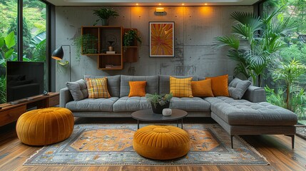 Loft interior design of modern living room, home. Tufted grey sofa with yellow pillows and plaid near tv unit and vibrant yellow pouf in room with concrete wall