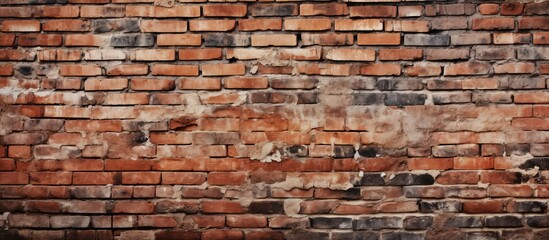 A detailed view of a weathered brick wall showing multiple cracks and signs of wear and tear