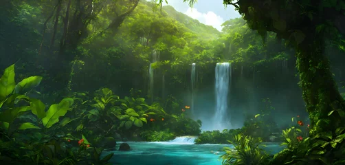  A lush tropical jungle with multiple waterfalls cascading down, creating a serene and picturesque scene.A lush tropical jungle with multiple waterfalls cascading down. © RameenOne