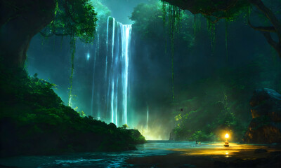Tranquil waterfall surrounded by green trees in a peaceful forest setting. - obrazy, fototapety, plakaty