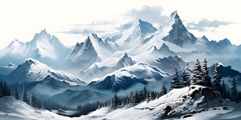 Fantasy epic magic mountain landscape mystical winter valley valley panoramic view of big mountains. Fantasy Mountain Landscape.Mountain Magic A Tale of Adventure in a Fantasy Landscape - obrazy, fototapety, plakaty