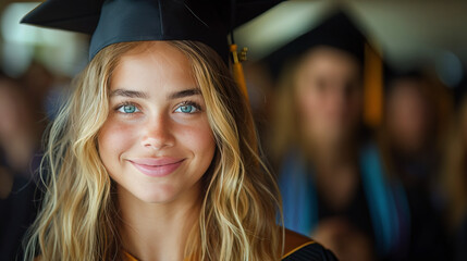 Female Graduate Smiling at Graduation Ceremony - obrazy, fototapety, plakaty