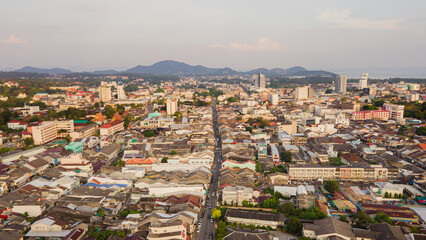 Aerial view, drone flying over Phuket city, Thailand. Drone over SinoPortugyese It's a Sunday in Phuket and tourists go shopping on the old streets filled with local merchants selling food and clothes